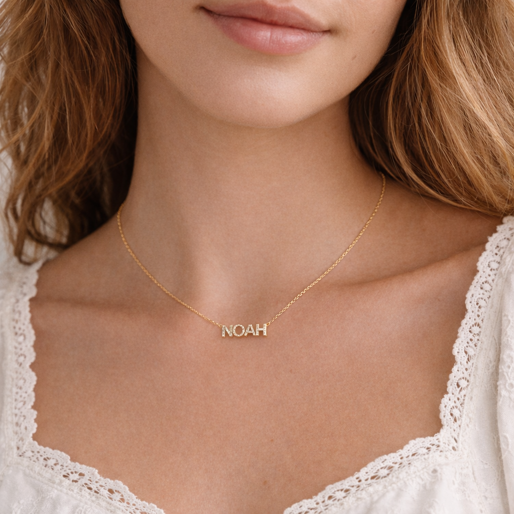 Birthstone Name Necklace in Block